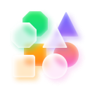 a trapezoid, a triangle a square and a circle made of frosted glass with their colorful equivalent behind than