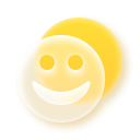 glassy smily face with a yellow circle behind