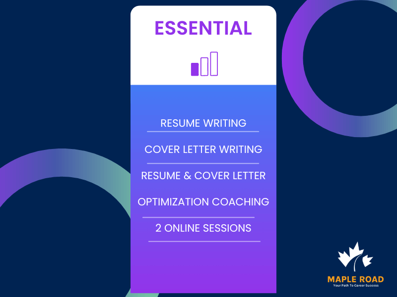 Pricing card for the Essential Package containing : resume writing, ccover letter writing, resume and cover letter optimization adn 2 online sessions.