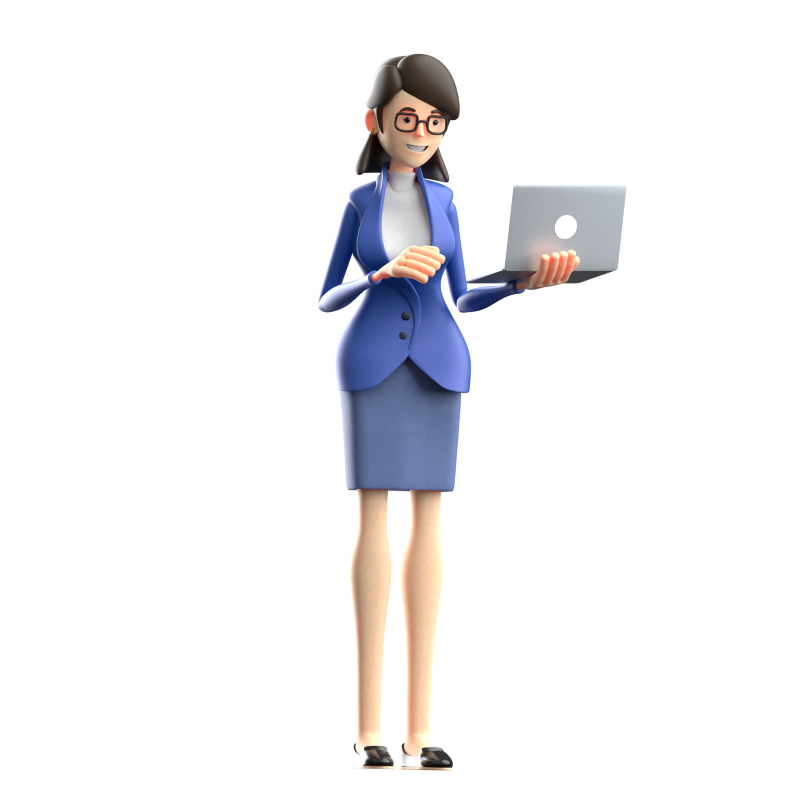 Woman in a blue suit holding a laptop