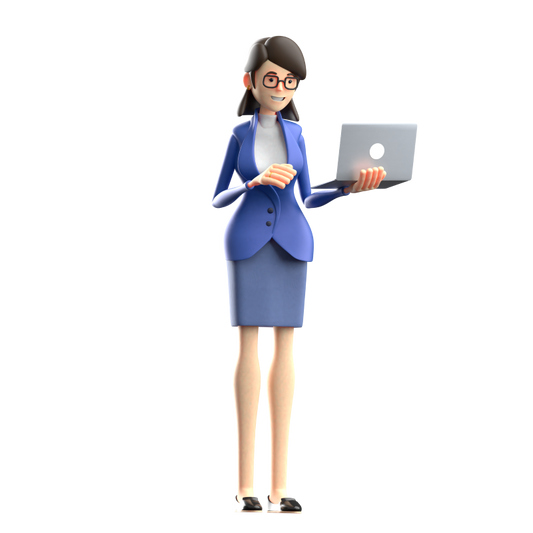 Woman in a blue suit holding a laptop